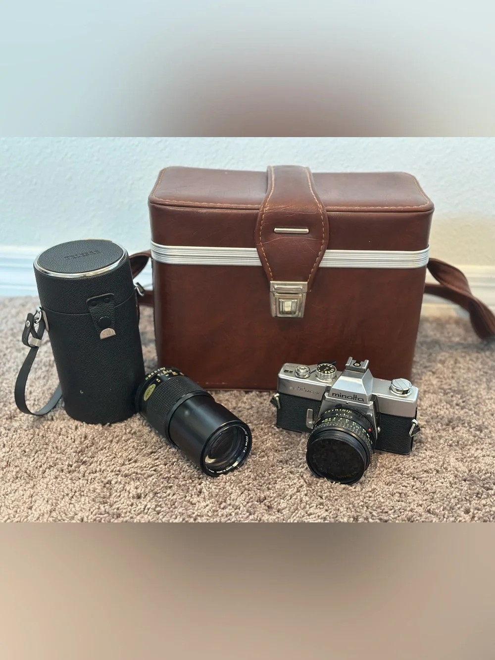 3-set Minolta SLR Film Camera with Brown Case and Extra Lens